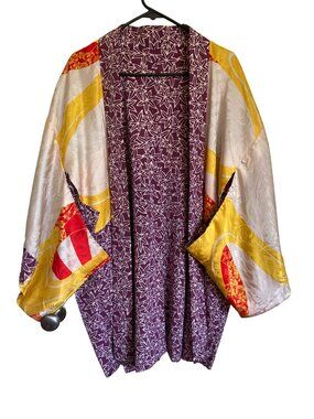 Antique Silk Reversible Kimono • Purple Floral Gold Red Pattern • Open Jacket OS